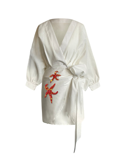 Ibiza Dress Ivory With Red Starfish Rhinestones