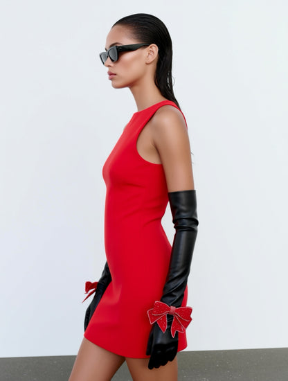 Crystal Bow Red Chic Gloves