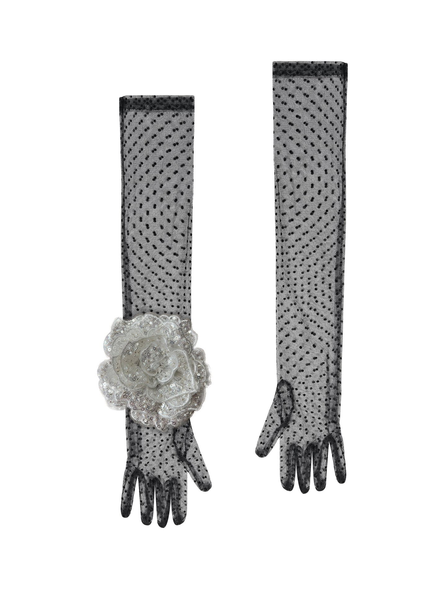Long Black Polka Dot Gloves With White Sequin Rose