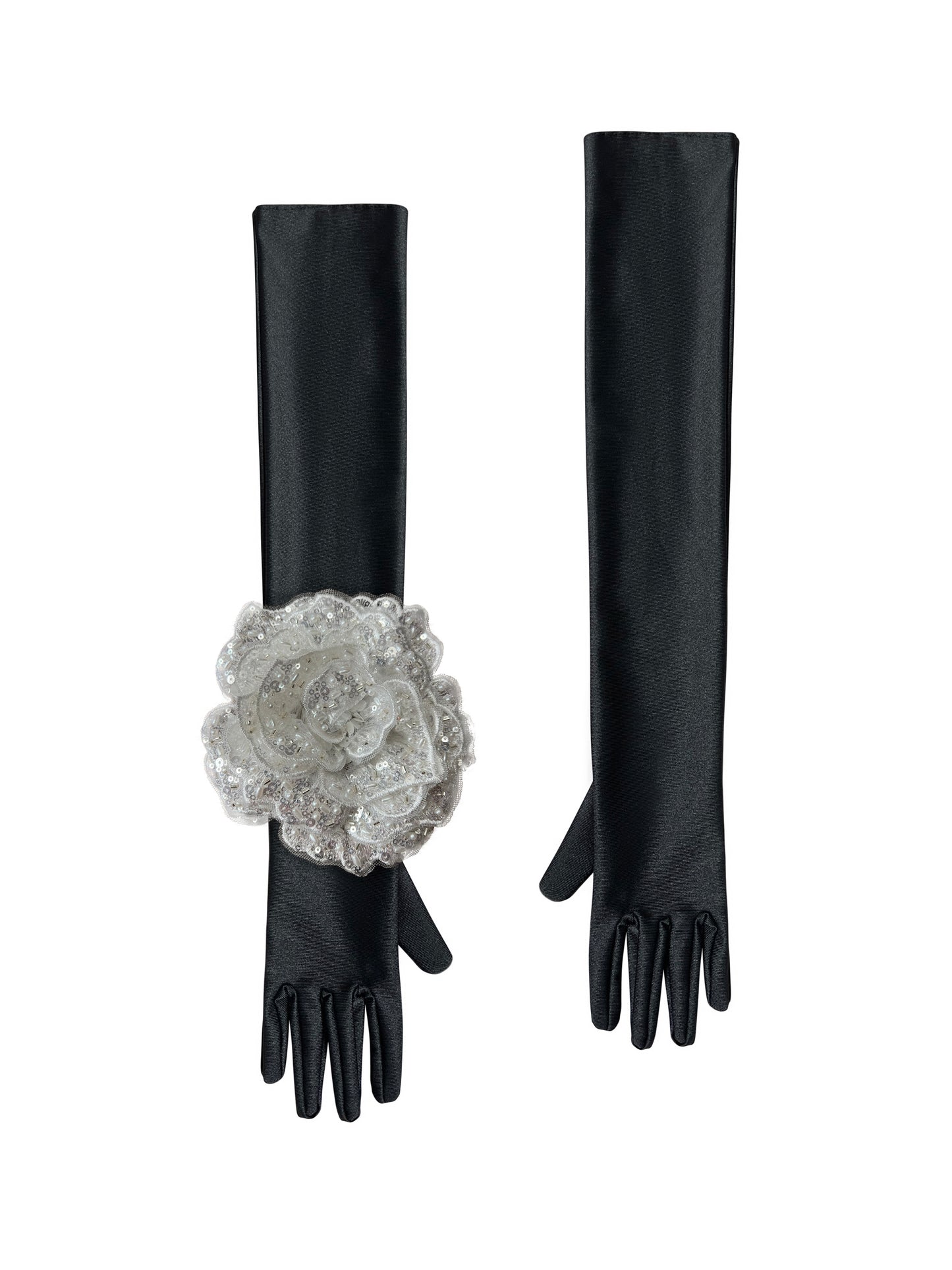 Black Evening Gloves With White Sequin Rose