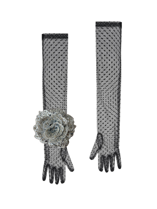 Long Black Polka Dot Gloves With Silver Sequin Rose