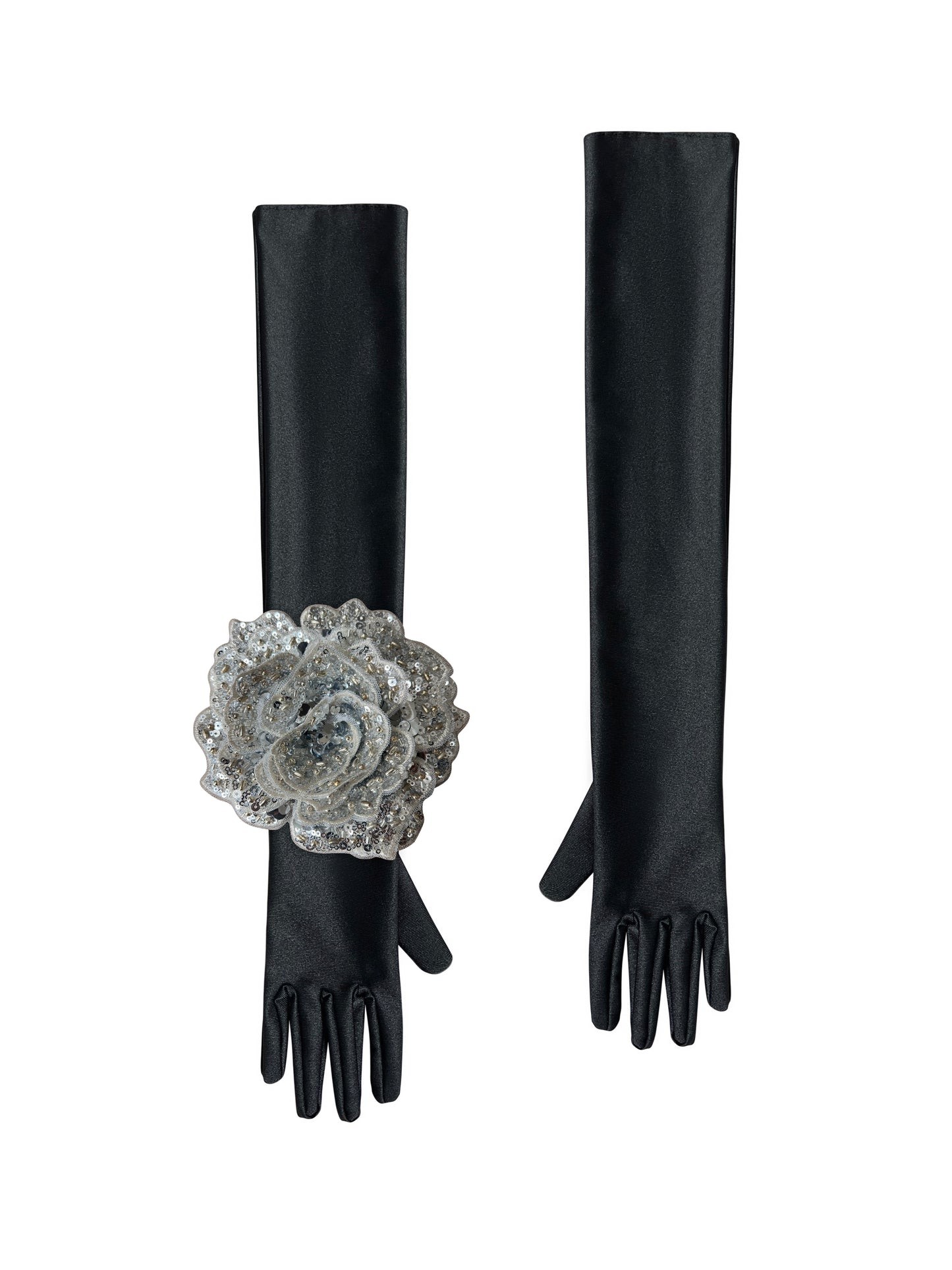 Black Evening Chic Gloves With Silver Sequin Rose