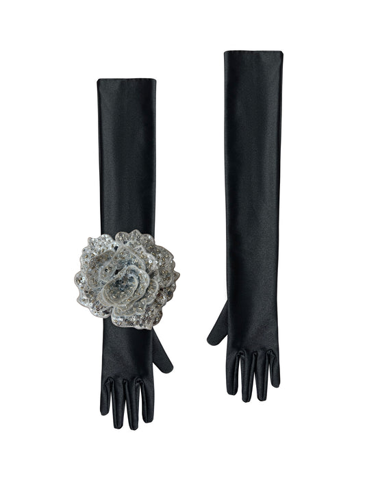Black Evening Chic Gloves With Silver Sequin Rose