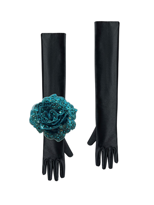 Black Evening Chic Gloves With Green Sequin Rose