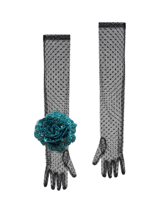 Long Black Polka Dot Gloves With Green Sequin Rose