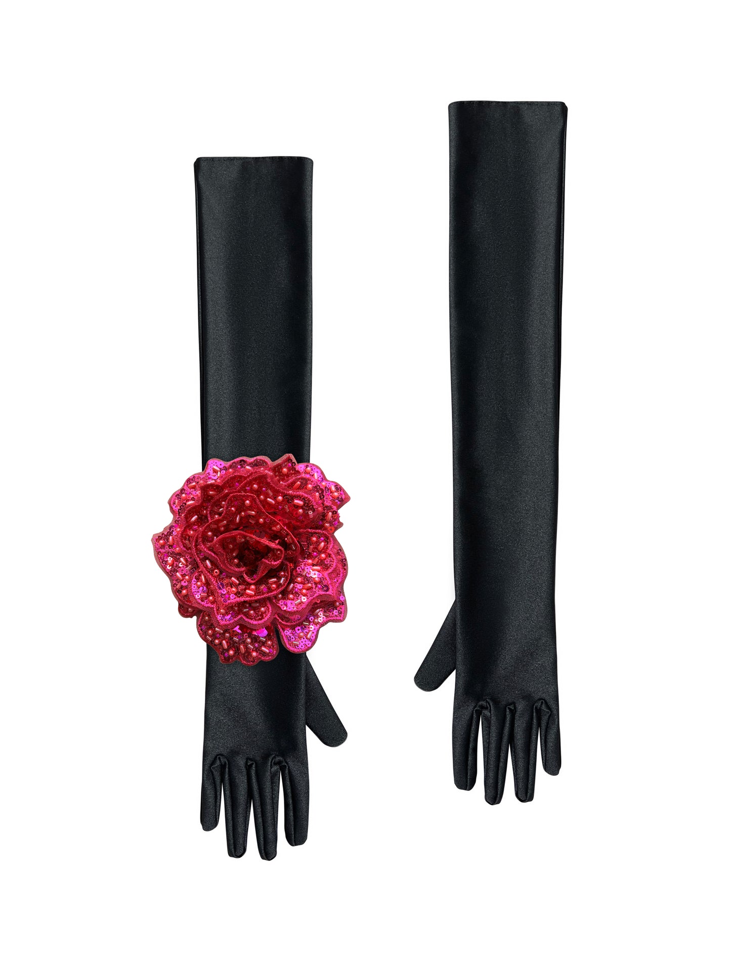 Black Evening Chic Gloves With Pink Sequin Rose