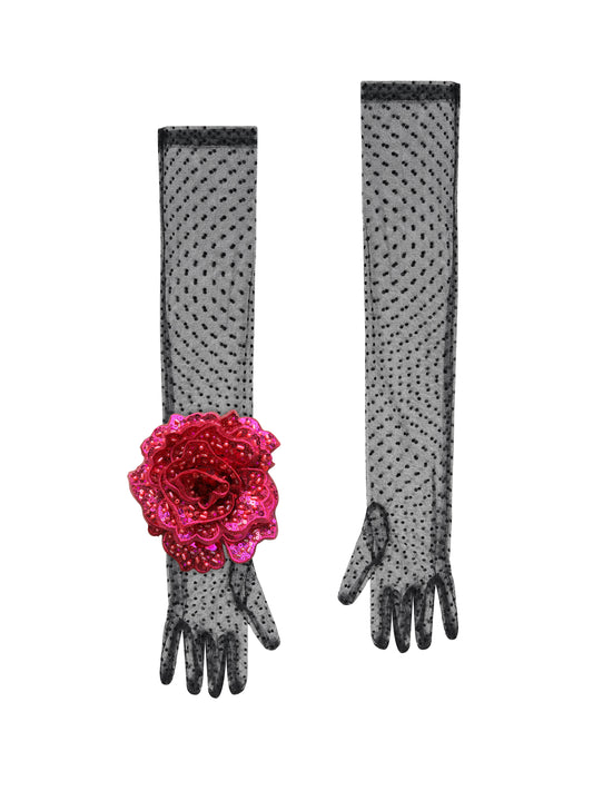 Long Black Polka Dot Gloves With Pink Sequin Rose