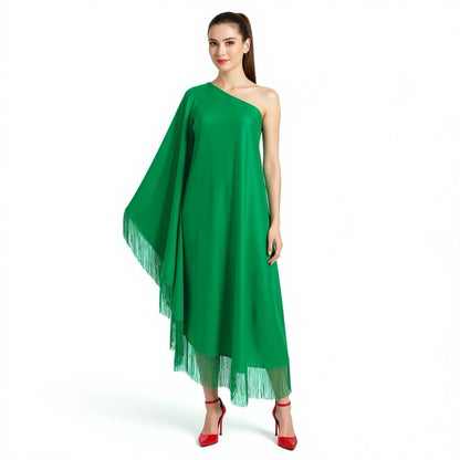 Green Fringe Off Shoulder Glam Midi Dress