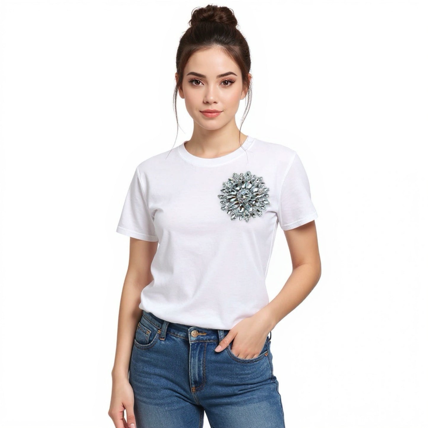 White Cotton T-Shirt With Silver Swarovski Crystals
