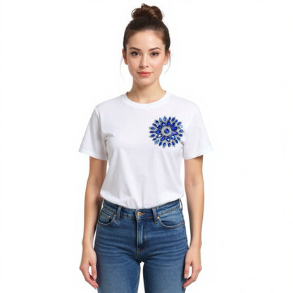 White Cotton T-Shirt With Blue Swarovski Crystals