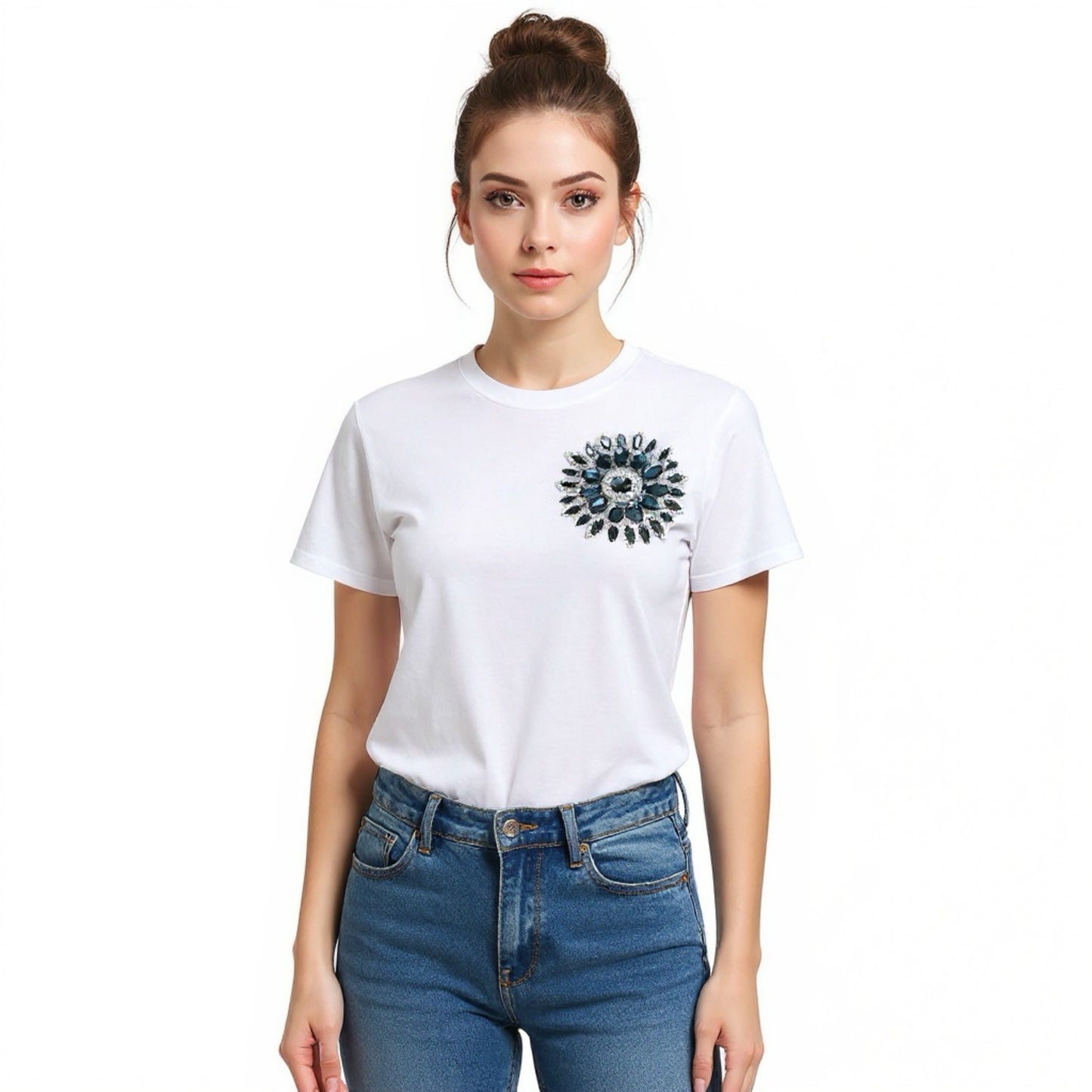 White Cotton T-Shirt With Black Swarovski Crystals