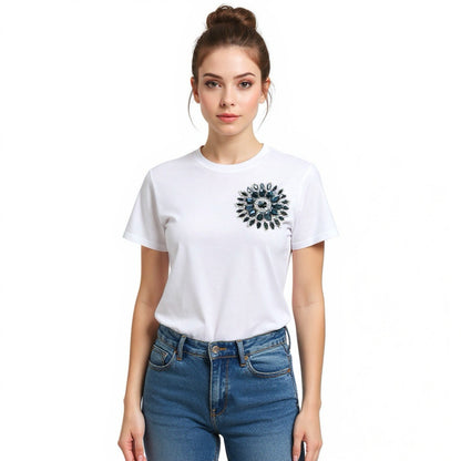 White Cotton T-Shirt With Black Swarovski Crystals