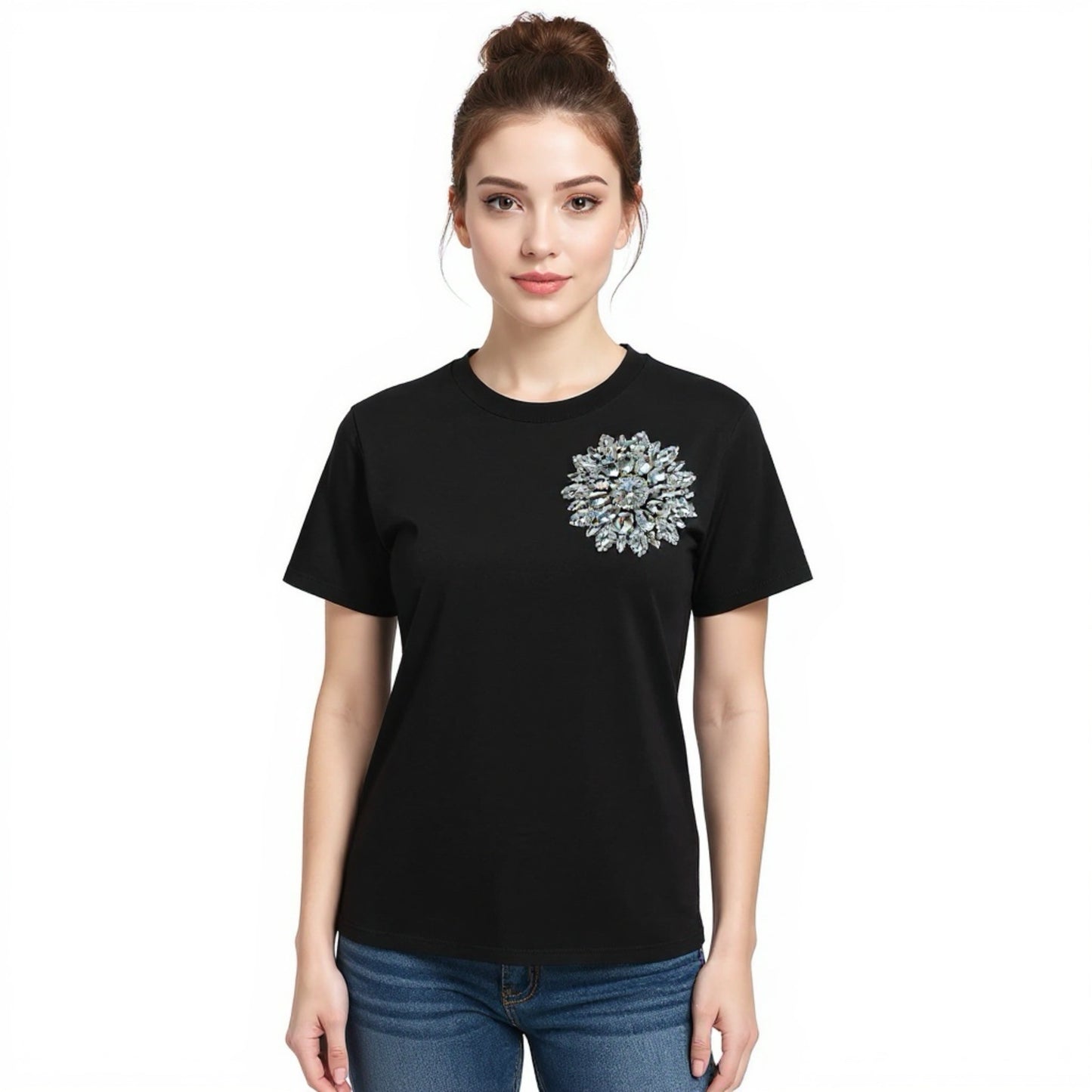 Black Cotton T-Shirt With Silver Swarovski Crystals