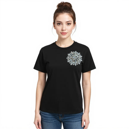 Black Cotton T-Shirt With Silver Swarovski Crystals