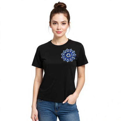 Black Cotton T-Shirt With Blue Swarovski Crystals