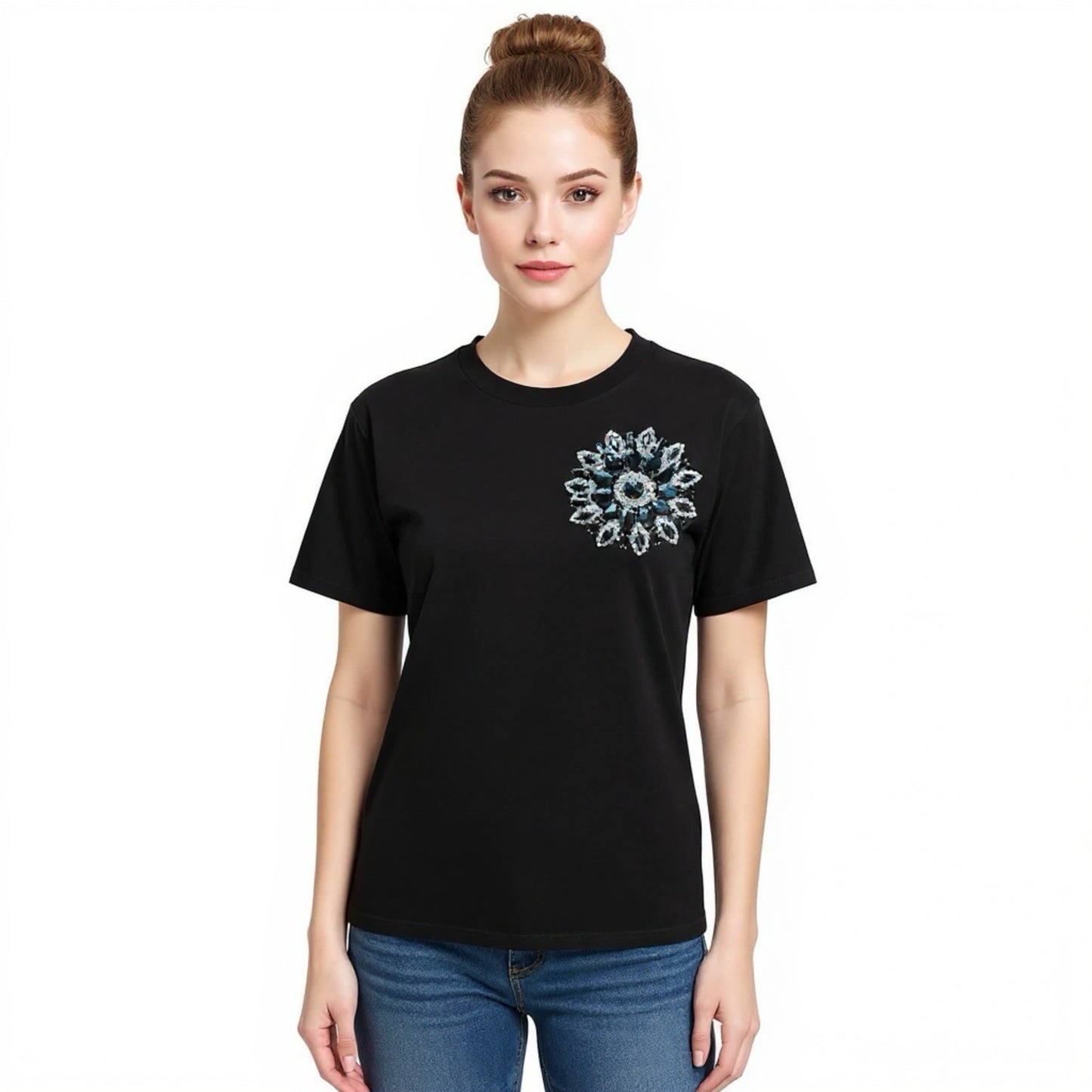 Black Cotton T-Shirt With Black Swarovski Crystals