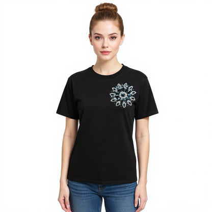 Black Cotton T-Shirt With Black Swarovski Crystals