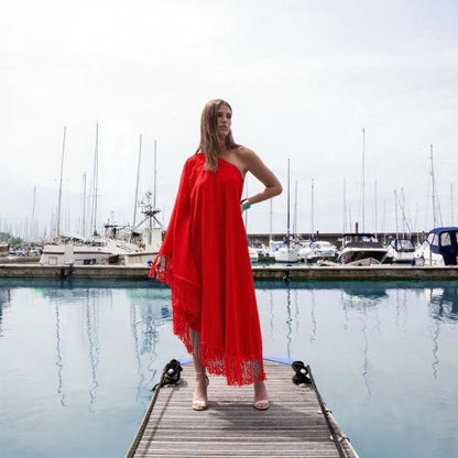 Red Fringe Off Shoulder Glam Midi Dress