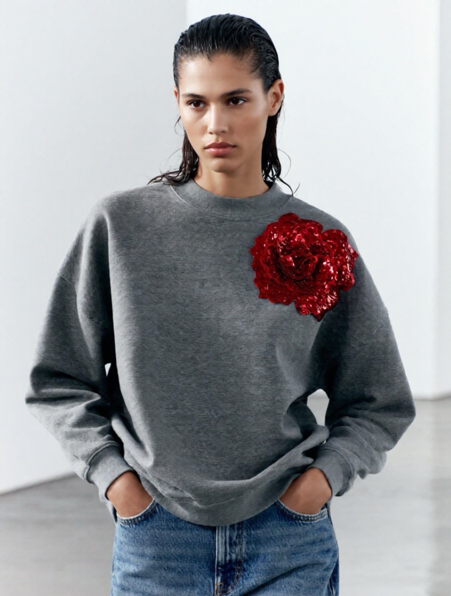 Grey Cotton Sweatshirt With Red Sequin Flower
