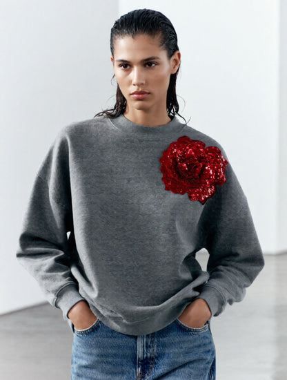 Grey Cotton Sweatshirt With Red Sequin Flower