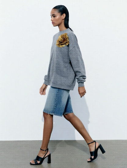 Grey Cotton Sweatshirt With Gold Sequin Flower