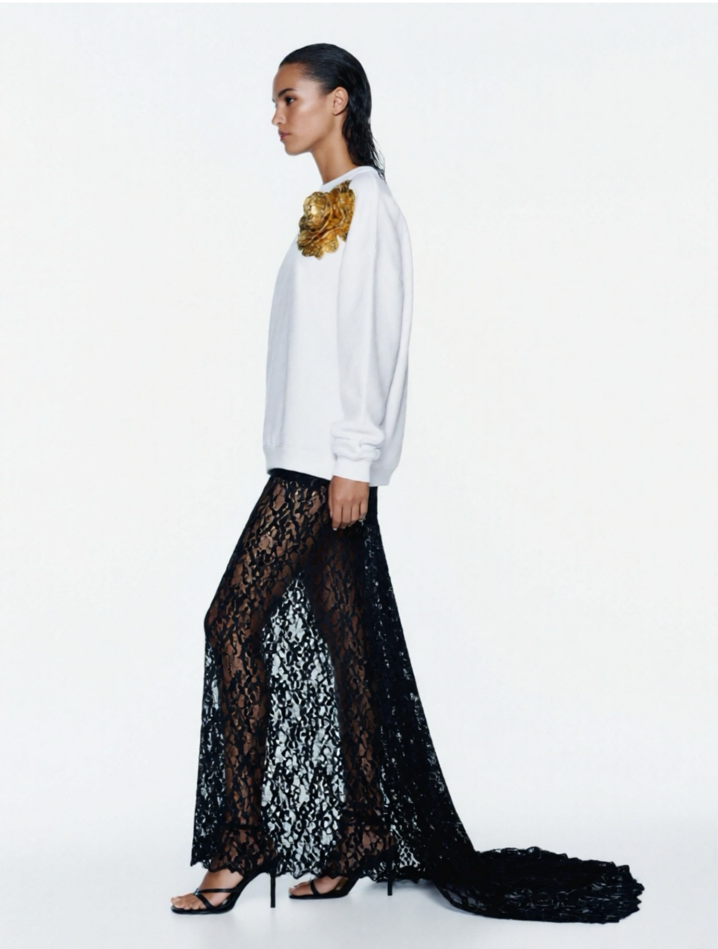 White Cotton Sweatshirt With Gold Sequin Flower