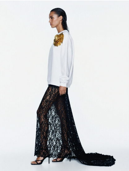 White Cotton Sweatshirt With Gold Sequin Flower