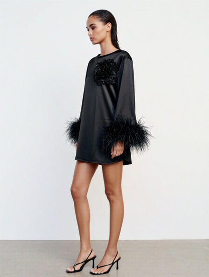 Jess Mini Little Black Party Dress With Black Sequin Flower