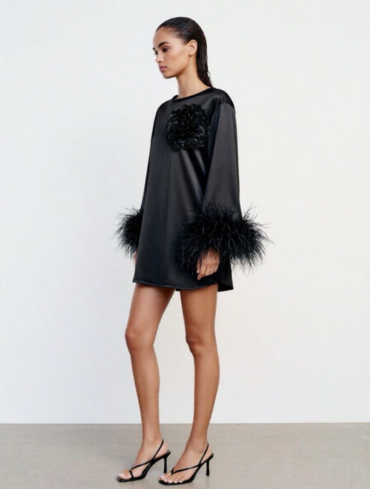 Jess Mini Little Black Party Dress With Black Sequin Flower