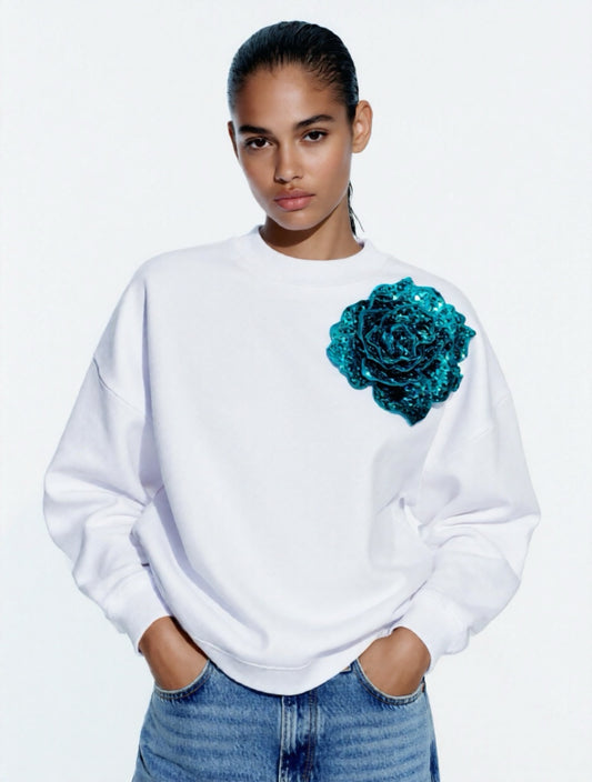 White Cotton Sweatshirt With Green Sequin Flower