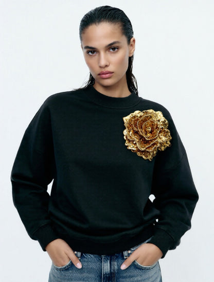 Black Cotton Sweatshirt With Gold Sequin Flower
