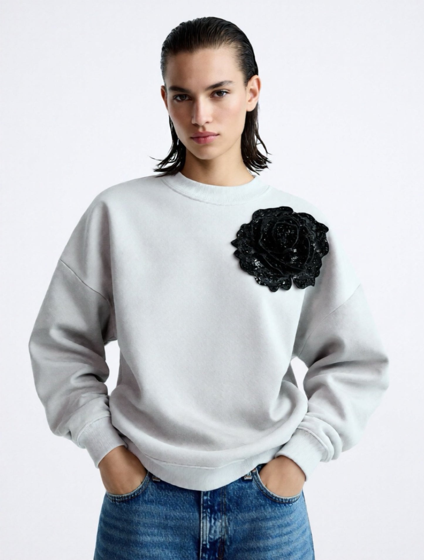 White Cotton Sweatshirt With Black Sequin Flower
