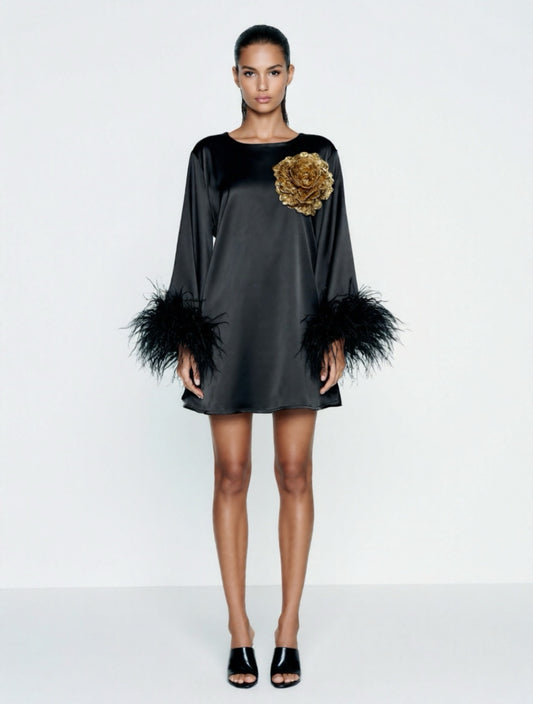 Jess Mini Little Black Party Dress With Gold Sequin Flower