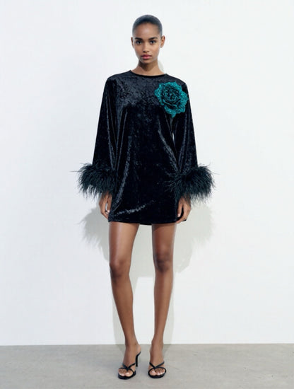 Jess Mini Little Black Velvet Dress Green Flower