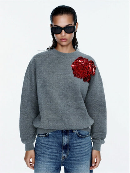 Grey Cotton Sweatshirt With Red Sequin Flower