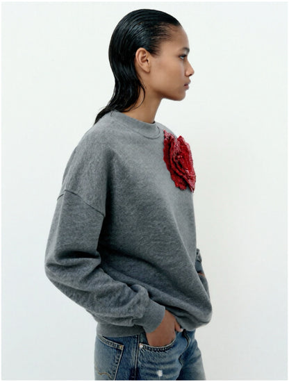 Grey Cotton Sweatshirt With Red Sequin Flower