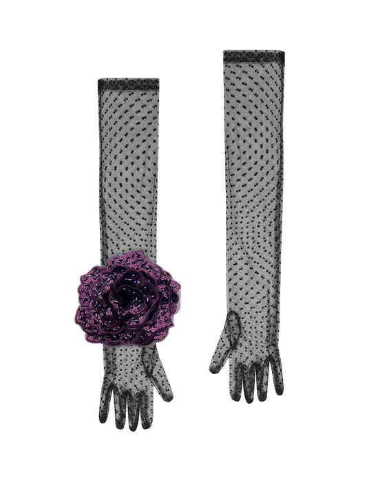 Long Black Polka Dot Gloves With Dark Purple Sequin Rose