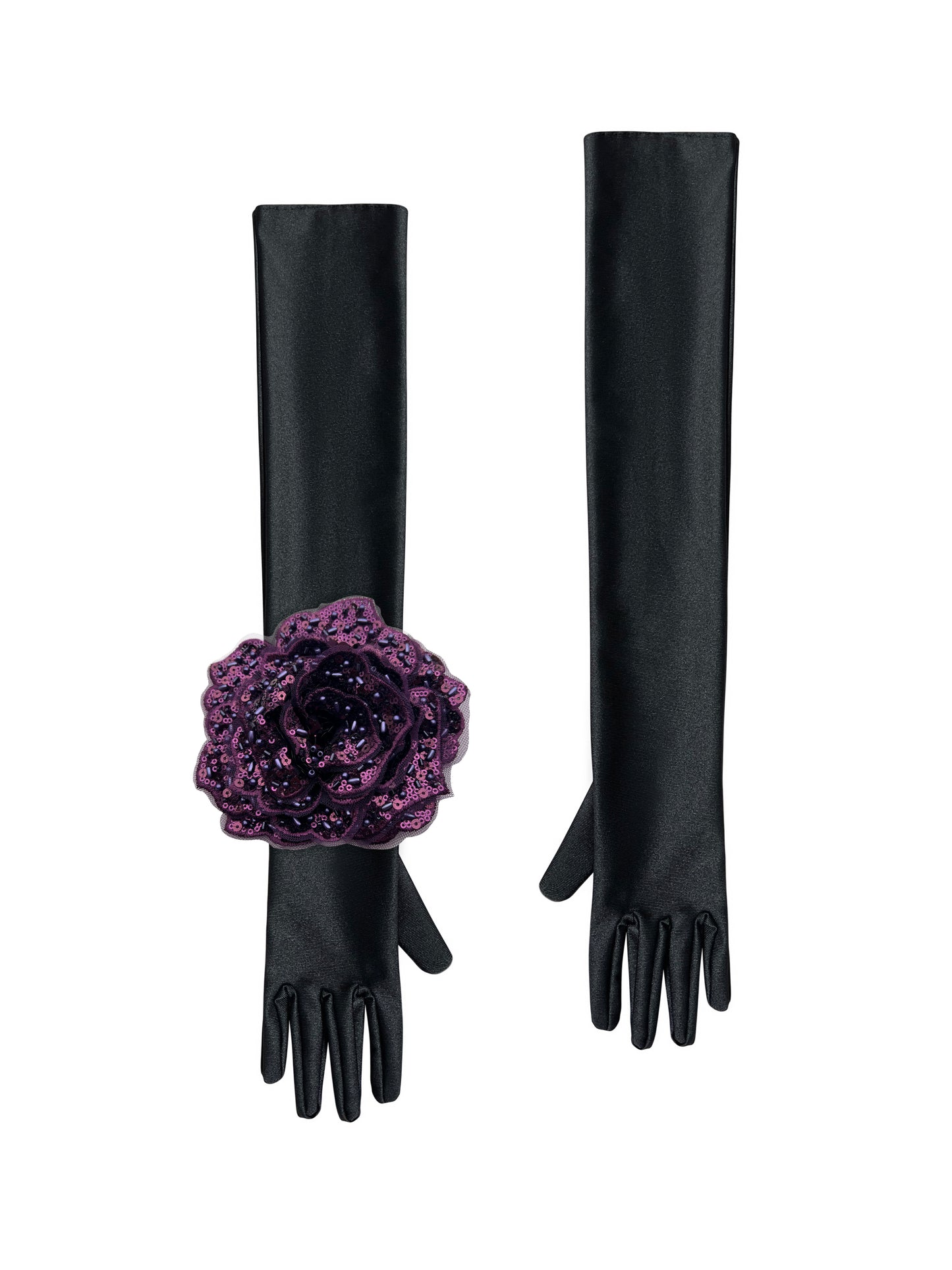 Black Evening Chic Gloves With Dark Purple Sequin Rose