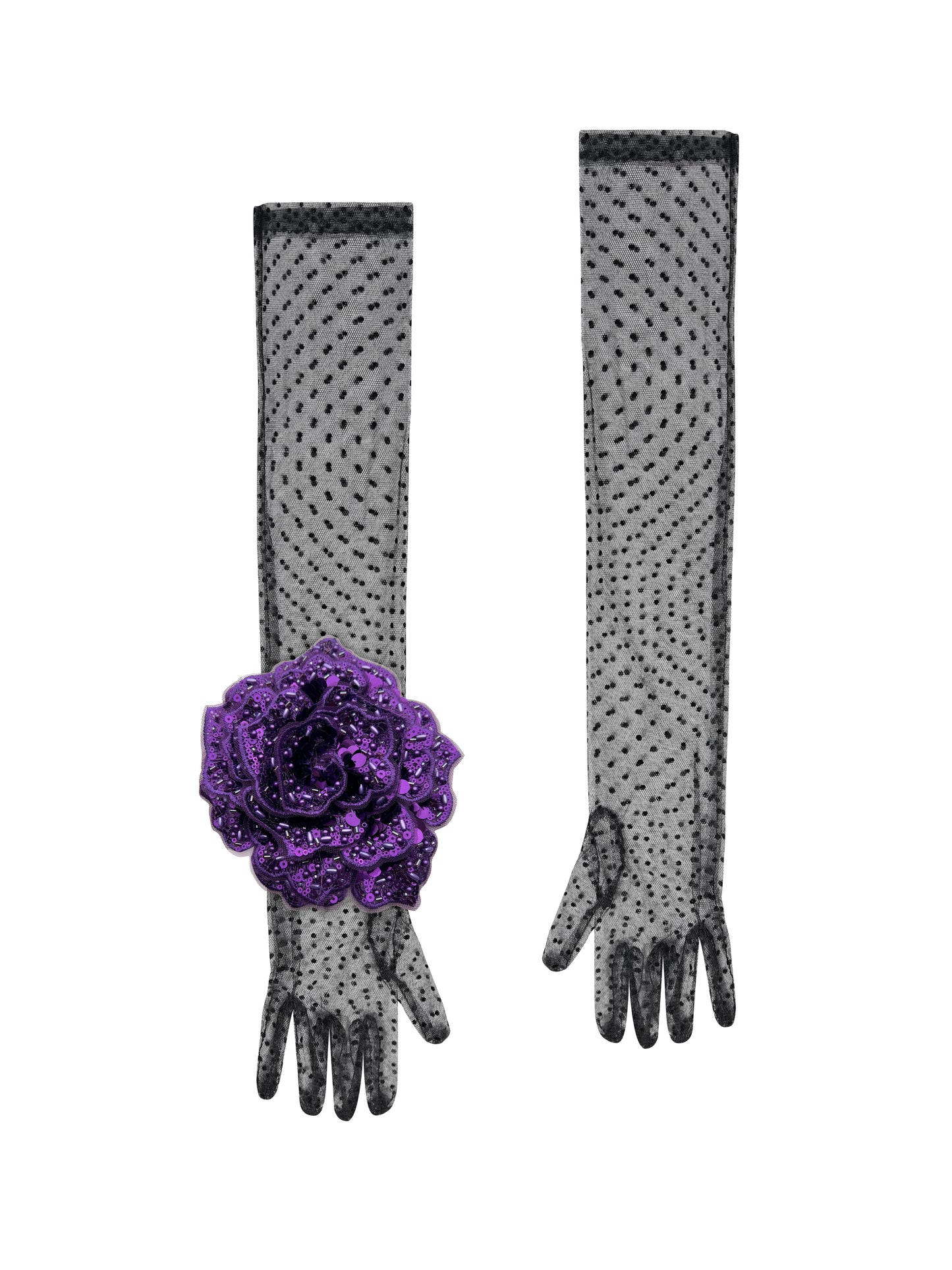 Long Black Polka Dot Gloves With Purple Sequin Rose