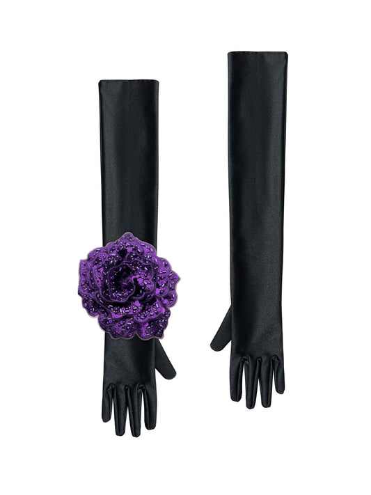 Black Evening Chic Gloves With Purple Sequin Rose