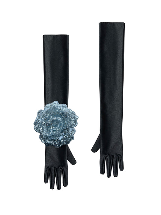 Black Evening Chic Gloves With Light Blue Sequin Rose