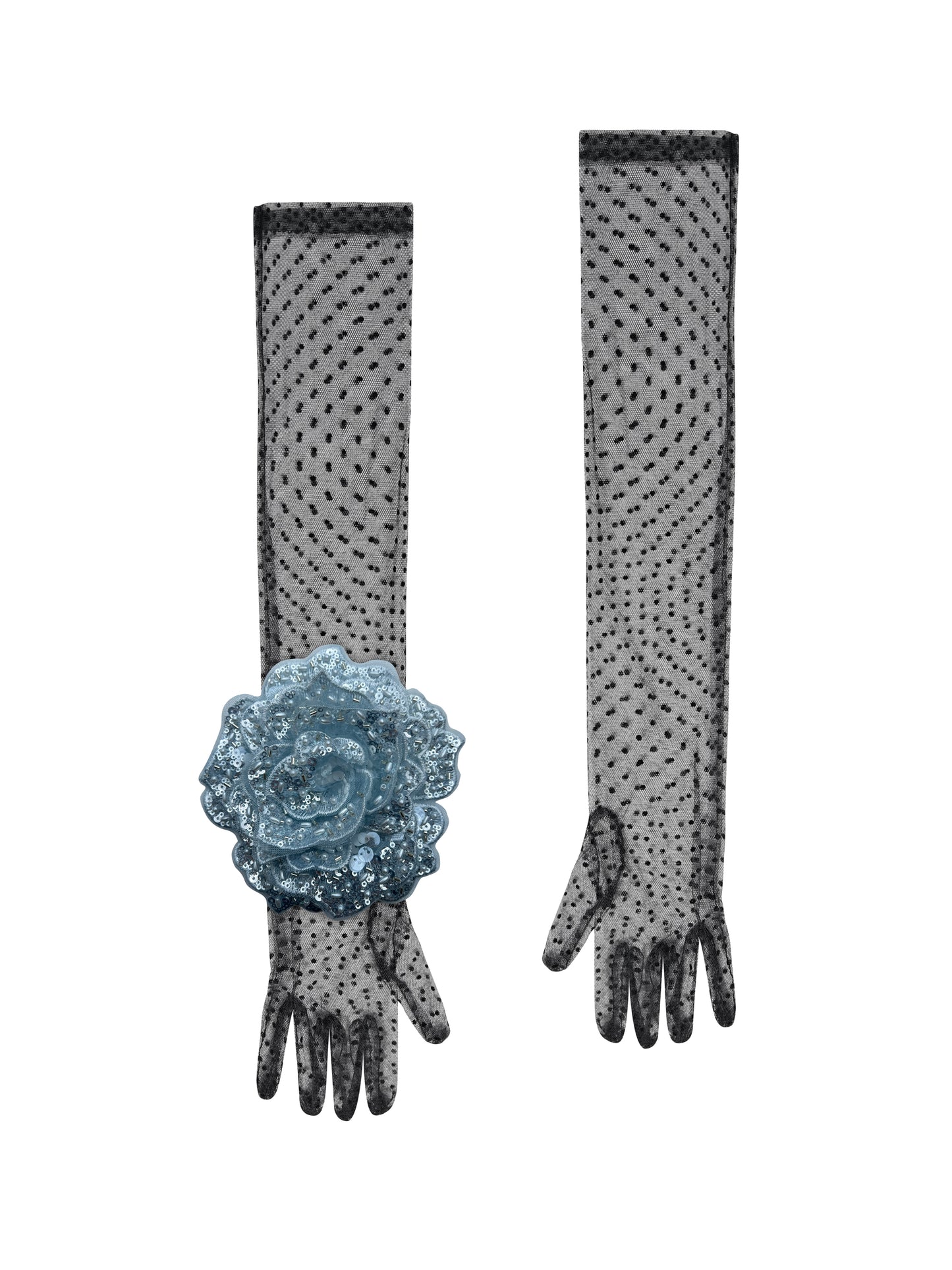 Long Black Polka Dot Gloves With Light Blue Sequin Rose