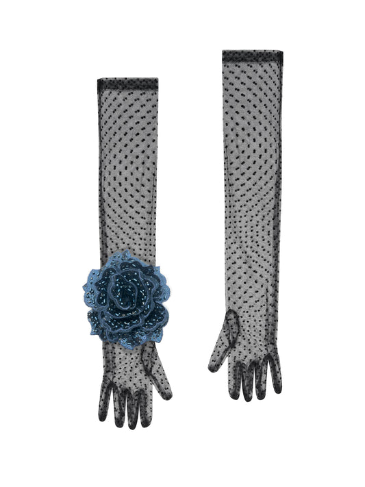 Long Black Polka Dot Gloves With Navy Sequin Rose