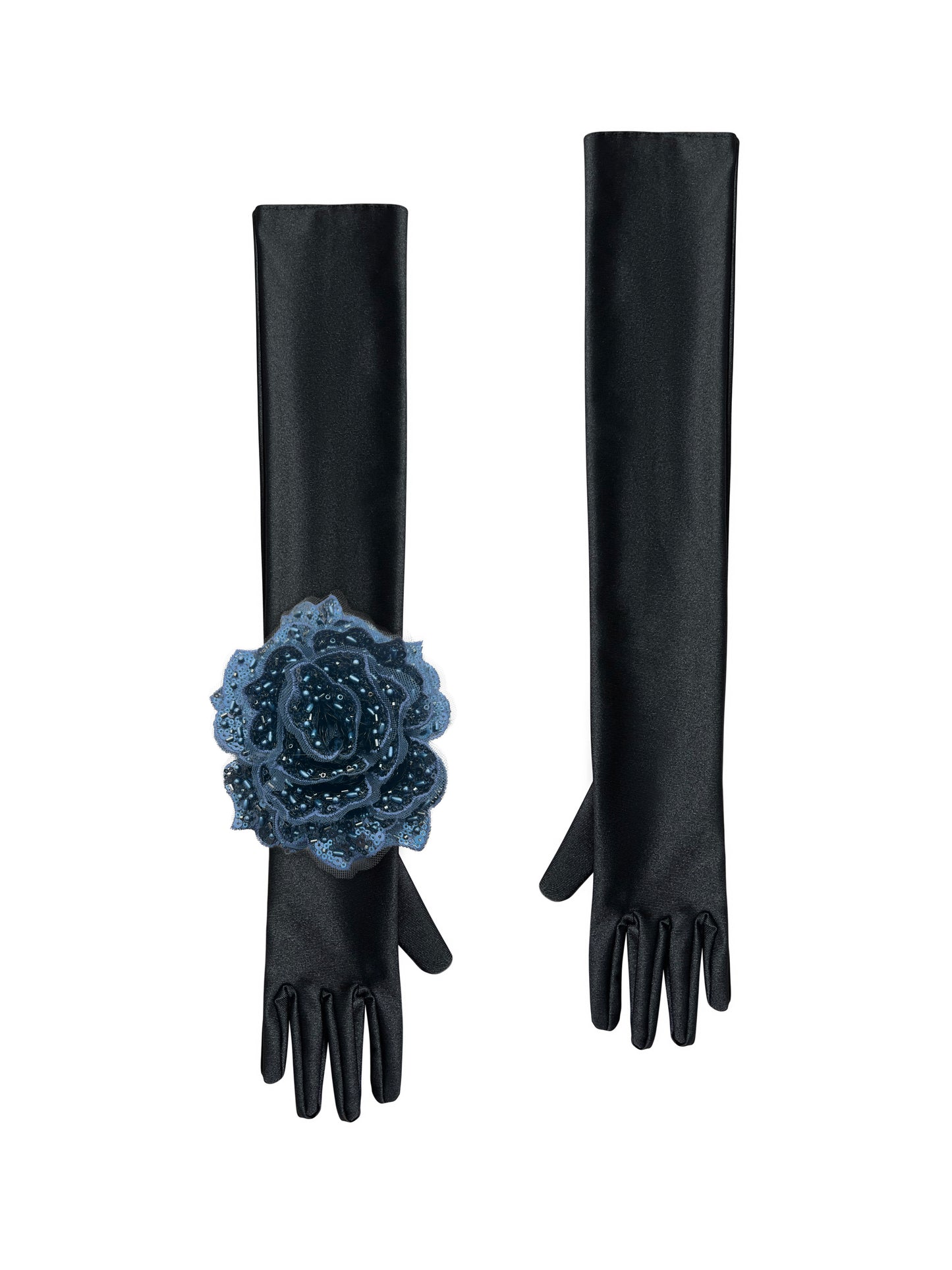 Black Evening Chic Gloves With Navy Sequin Rose