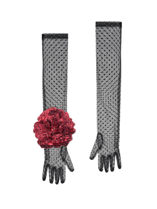 Long Black Polka Dot Gloves With Burgundy Sequin Rose
