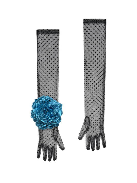 Long Black Polka Dot Gloves With Lake Blue  Sequin Rose