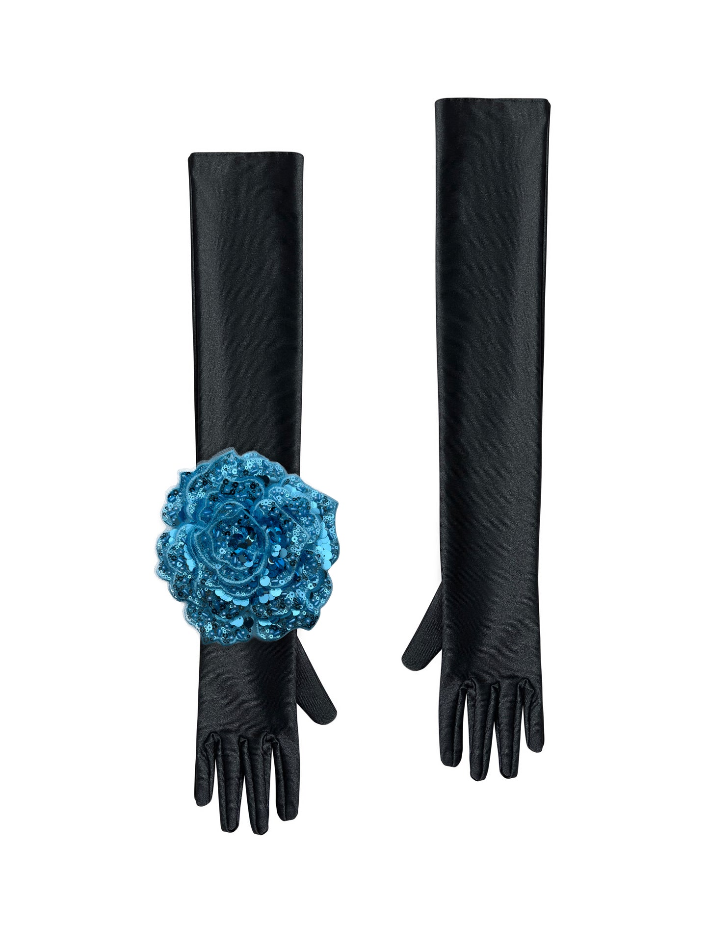 Black Evening Chic Gloves With Lake Blue Sequin Rose
