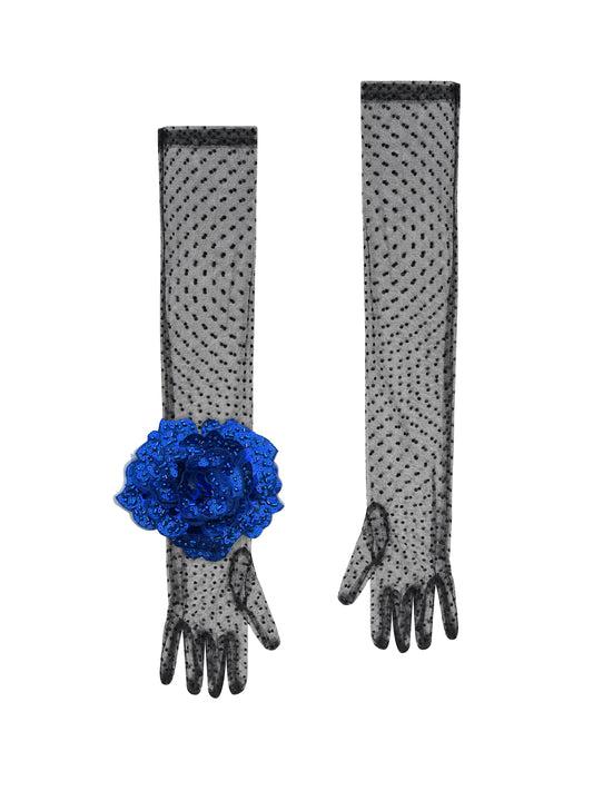 Long Black Polka Dot Gloves With Royal Blue  Sequin Rose