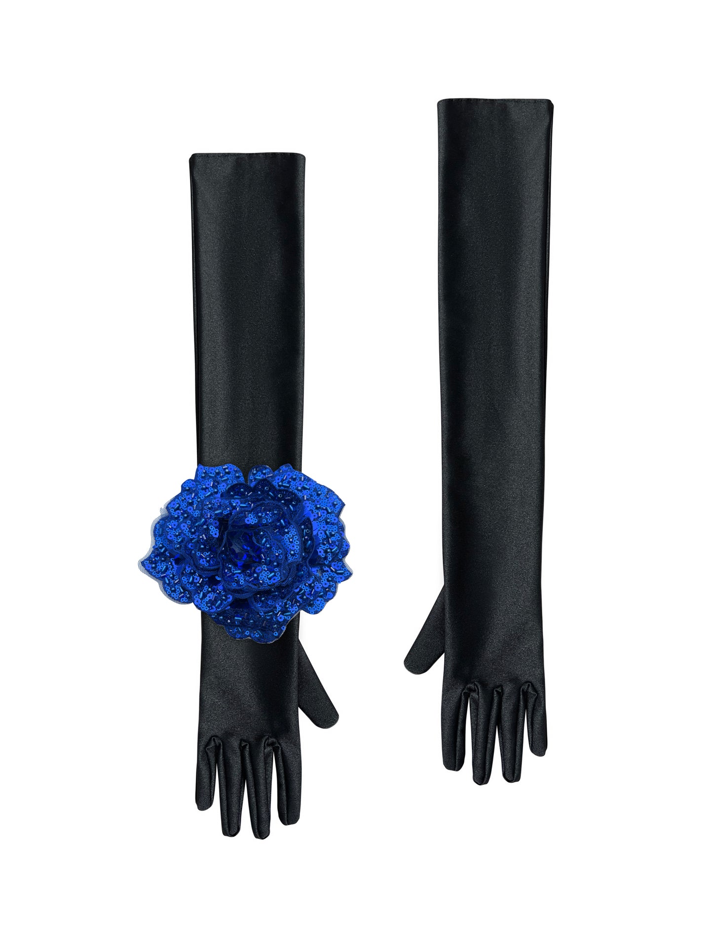 Black Evening Chic Gloves With Royal Blue Sequin Rose