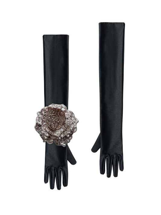 Black Evening Chic Gloves With Champagne Sequin Rose